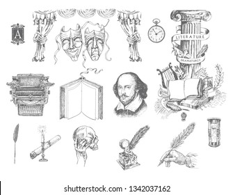 Literature and theater hand drawn vector set. Inkwell, writing tools, pens, books, ancient manuscripts, typewriter, antique column, theater curtain, masks of drama and comedy. Engraving