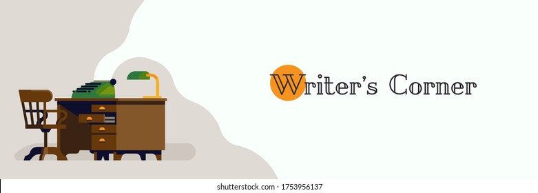 Literature themed banner or poster template with copy space and old fashioned writer's working desk with retro typewriter