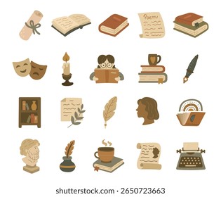 Objeto temático de literatura definido em estilo escandinavo com livros, pergaminhos, páginas de poesia, caneta, vela, máscaras de drama, busto, estante e acessórios para ilustração educacional e projeto de designs criativos