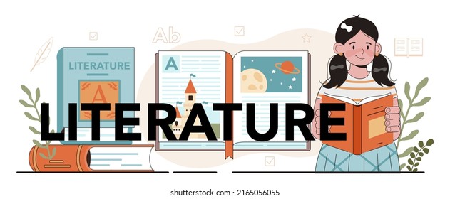 Literature typographic header. School studying of an ancient writer and modern novel. Prose and poetry work lesson. Literary academic course. Flat vector illustration