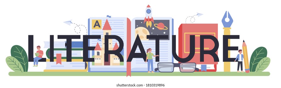 Literature typographic header. Study ancient writer and modern novel. Literary and poetry work. Idea of education and knowledge. Vector illustration