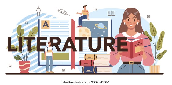 Literature typographic header. Study ancient writer and modern novel. Prose and poetry school subject. Literary academic course. Idea of education and knowledge. Vector illustration