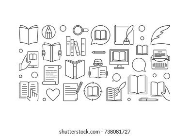 Literature vector illustration. Education and knowledge linear banner on on white background