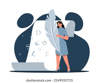 Literature And Writing Hobby Concept. Female Author Holds Feather Pen And Writes Articles, Novels, Poems, Books And Stories On Sheet Of Paper. Creative Profession. Cartoon Flat Vector Illustration