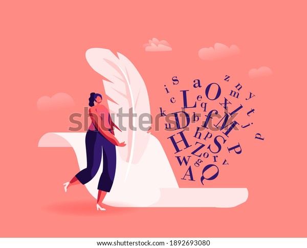 Literature and Writing Hobby, Occupation.\
Tiny Female Author Character with Huge Feather Pen Writing on Blank\
Paper Sheet, Woman Create Books, Poetry or Narration Concept.\
Cartoon Vector\
Illustration