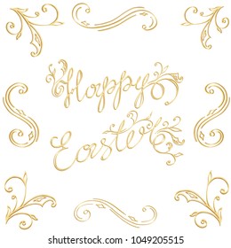 litering happy Easter, postcard with veins, golden color, festive handwritten inscription, vector illustration