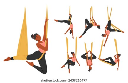 Mujer Lithe Flota En El Aire En Una Hamaca De Yoga Aéreo, Su Cuerpo Listo En Fluidez. La Serenidad Y La Fuerza Convergen A Medida Que Ella Abraza El Arte De Las Poses Suspendidas. Ilustración vectorial de personas de dibujos animados, Conjunto