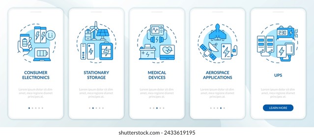 Lithium-Batterien Benutzerfreundlichkeit blau Onboarding Mobile App Bildschirm. Exemplarische Vorgehensweise 5-stufige, bearbeitbare grafische Anweisungen mit linearen Konzepten. UI, UX, GUI-Vorlage. Unzählige Pro-Bold, reguläre Schriftarten verwendet