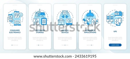 Lithium batteries usability blue onboarding mobile app screen. Walkthrough 5 steps editable graphic instructions with linear concepts. UI, UX, GUI template. Myriad Pro-Bold, Regular fonts used