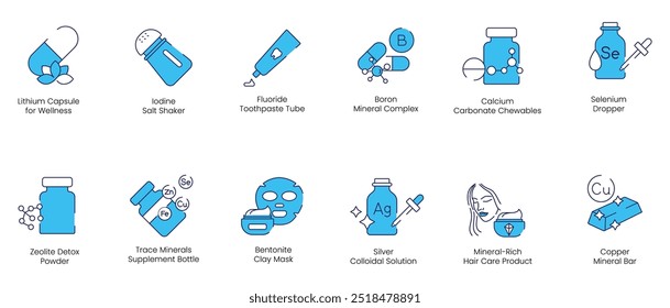 Cápsula de litio, agitador de sal de yodo, pasta de dientes de fluoruro, complejo mineral de boro, masticables de carbonato de calcio, gotero de selenio, desintoxicación de zeolita, minerales traza, conjunto de iconos de Vector de máscara de arcilla de bentonita