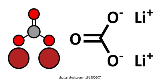 Lithium Carbonate (Li2CO3) Bipolar Disorder Drug, Chemical Structure. Conventional Skeletal Formula And Stylized Representation, Showing Atoms (except Hydrogen) As Color Coded Circles. 