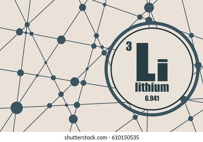 Lithium chemical element. Sign with atomic number and atomic weight. Chemical element of periodic table. Molecule And Communication Background. Connected lines with dots.