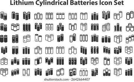 Lithium cylindrical batteries Icon Set.eps. collection, sketches, logo illustrations, web symbols, outline style pictograms package isolated on white background. Vector graphics. stock illustration