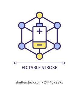 Lithium ion batteries manufacturing RGB color icon. Cell production. Advanced battery systems. Energy storage device. Isolated vector illustration. Simple filled line drawing. Editable stroke