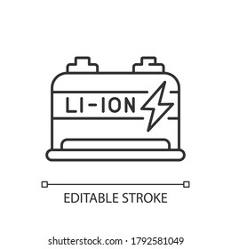 Lithium ion battery linear icon. Modern electric equipment thin line customizable illustration. Contour symbol. Energy efficient accumulator vector isolated outline drawing. Editable stroke