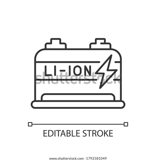 Lithium ion battery linear icon. Modern electric\
equipment thin line customizable illustration. Contour symbol.\
Energy efficient accumulator vector isolated outline drawing.\
Editable stroke