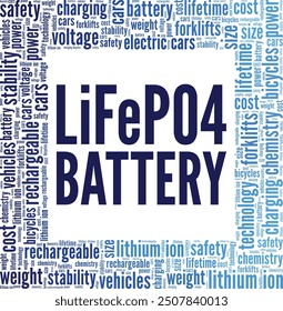 Lithium Iron Phosphate Battery: LiFePO4 Battery word cloud conceptual design isolated on white background.