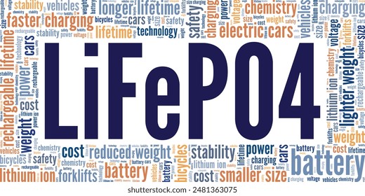 Lithium Iron Phosphate LiFePO4 word cloud conceptual design isolated on white background.