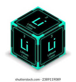 Lithium (Li) (003) - Fundamental Element Futuristic Cybernetic Cube Block Isometric View, Icon Isolated White Background, Periodic Table, Chemical Symbol, Name, Atomic Mass, Atomic Number