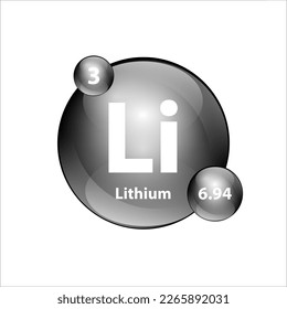 Lithium (Li) chemical element Icon structure round shape circle grey, silver, black easily. Periodic table Sign with atomic number. Study in science for education. 3D Illustration vector.