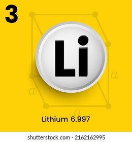 Lithium (Li) The Chemical Element Of The  Periodic Table With The Symbol H And Atomic Number 3.Vector Icon Illustration Placed In The White Button With Crystal Structure Hexagonal In Yellow Background