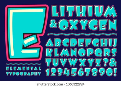 Lithium & Oxygen is a fun, whimsical, and brightly colored alphabet design. This vector type is great for cartoons, birthday cards, or anything with a retro silly or goofy vibe.