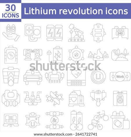 Lithium revolution decarbonization. Consumer portable electronics. Isolated vector illustrations. Simple filled line drawings collection