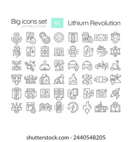 Iconos lineales de revolución de litio. Sistemas avanzados de baterías. Fuente de alimentación aeroespacial. Transición energética. Símbolos de línea fina personalizables. Ilustraciones aisladas de contorno vectorial. Trazo editable