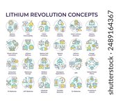 Lithium revolution multi color concept icons. Battery manufacturing, usability. Efficiency energy solution. Lithium ion. Icon pack. Vector images. Round shape illustrations. Abstract idea