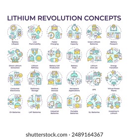 Iconos de concepto multicolor Lithium Revolution. Fabricación de baterías, usabilidad. Solución energética de eficiencia. Ión de litio. Paquete de iconos. Imágenes vectoriales. Ilustraciones de forma redonda. idea Abstractas