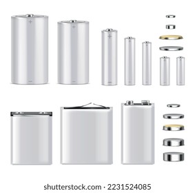 Lithium salt or alkaline batteries of different sizes realistic set isolated on white background vector illustration