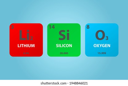 Lithium Silicate Li2SiO3 molecule. Simple molecular formula consisting of Lithium, Silicon, Oxygen elements. Chemical compound simplified structure on blue background, for chemistry education
