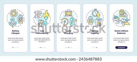 Lithium-ion batteries aspects onboarding mobile app screen. Walkthrough 5 steps editable graphic instructions with linear concepts. UI, UX, GUI template. Myriad Pro-Bold, Regular fonts used