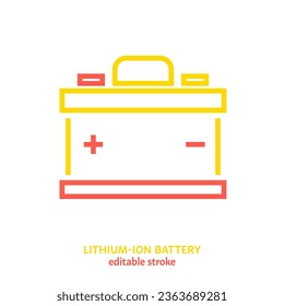 Lithium-ion battery. Rechargeable accumulator. Modern electric equipment. Linear symbol, sign, graphic element. Editable vector illustration in yellow and red colors isolated on a white background