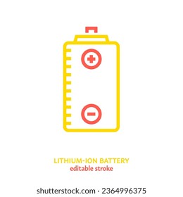 Lithium-ion battery. Rechargeable accumulator. Modern electric equipment. Linear symbol, sign, graphic element. Editable vector illustration in yellow and red colors isolated on a white background
