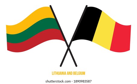Lithuania and Belgium Flags Crossed And Waving Flat Style. Official Proportion. Correct Colors.