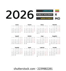 Lithuania Calendar 2026. Week starts from Monday. Vector graphic design. Lithuanian language.