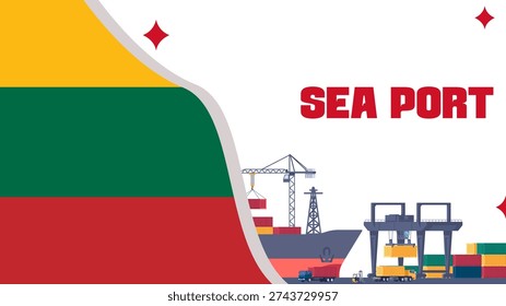 Lithuania Cargo Ship and Sea Port Vector. Bulk Carrier with Lithuania Flag, Industrial Harbour Cranes, and Cargo Jet in City Sky. International Trade, Maritime Logistics, Klaipeda Port.