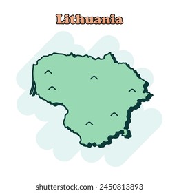 Icono de mapa en colores de dibujos animados de Lituania en estilo cómico. Pictograma de ilustración de Country. La geografía de la nación salpica el concepto de negocios.