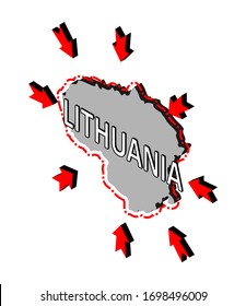 Lithuania closes borders, quarantine, protection against coronavirus. Ban on crossing borders. Vector isometric image of Lithuania map with arrows around. A threat to the country from the outside.