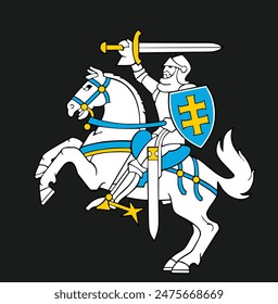 Lithuania coat of arms, seal, national emblem vector illustration isolated on background. Lithuania heraldic banner. Knight with sword shield on horse back in battle. Heraldry royal patriotic symbol.