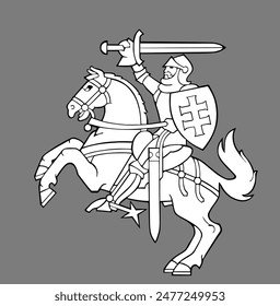 Lithuania coat of arms, seal, national emblem vector illustration isolated on background. Lithuania heraldic banner. Knight with sword shield on horse back in battle. Heraldry royal patriotic symbol.