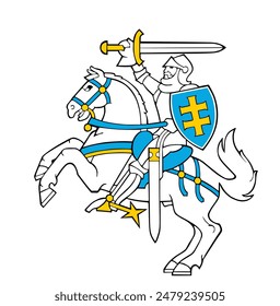 Lithuania coat of arms, seal, national emblem vector illustration isolated on background. Lithuania heraldic banner. Knight with sword shield on horse back in battle. Heraldry royal patriotic symbol.