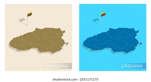 Lithuania country flag installed on geographic positioning map point of country territory. Lithuanian commonwealth banner on land and sea. Festive patriotic HD format template for independence day