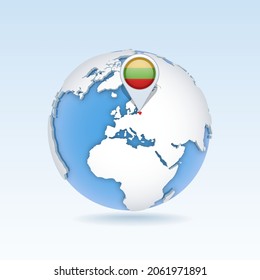 Lithuania - country map and flag located on globe, world map. 3D Vector illustration