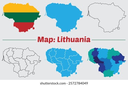 Lithuania country map set. internal provinces borders marked, Simple map of Lithuania vector drawing, Filled and outline.