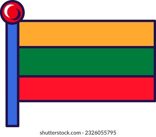 Lithuania country nation flag on flagpole vector. Horizontal triband of yellow, green and red on official and traditional symbol of independence. European territory flat cartoon illustration