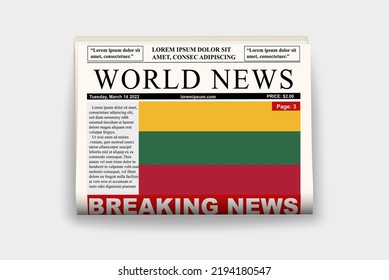 Lithuania country newspaper with flag, breaking news on newsletter, Lithuania news concept, gazette page with headline, journal with country flag, reading newspaper, streamer headline