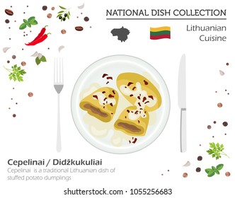 Lithuania Cuisine. European national dish collection. Lithuanian cepelinai, stuffed potato dumpling isolated on white, infographic. Vector illustration