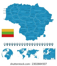 Lithuania - detailed blue country map with cities, regions, location on world map and globe. Infographic icons. Vector illustration